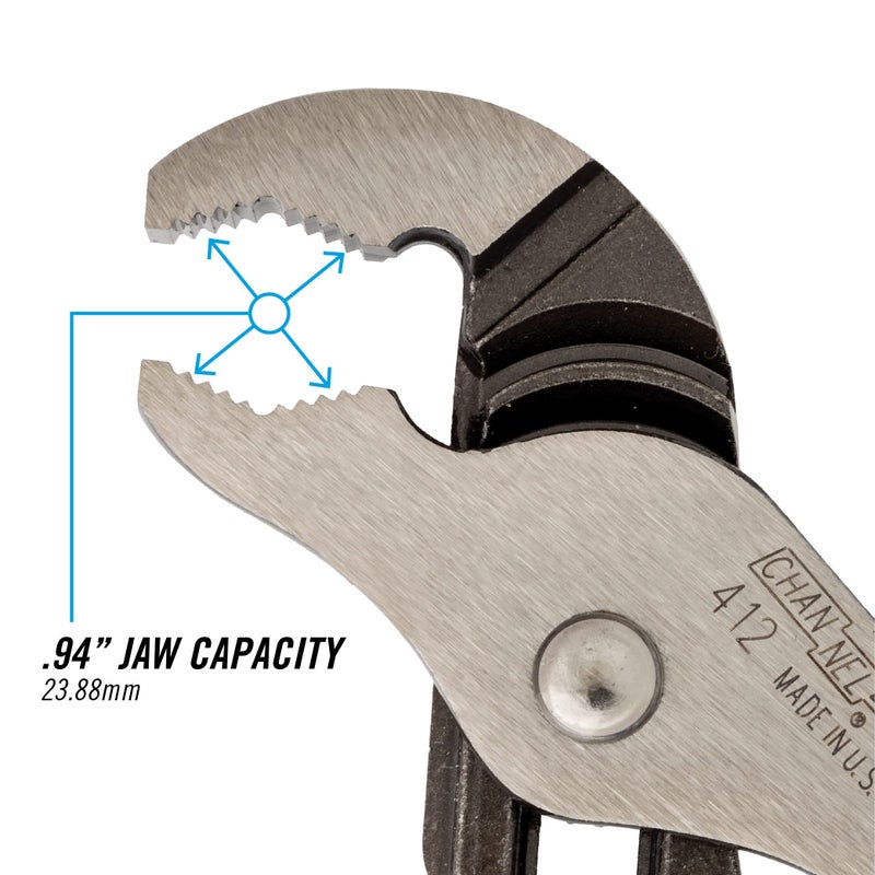 CHANNELLOCK 412 6.5-inch V-Jaw Tongue & Groove Pliers, Made in USA, 0.94-inch Jaw Capacity, Forged High Carbon Steel, More Points of Contact on Round Stock - Image 3